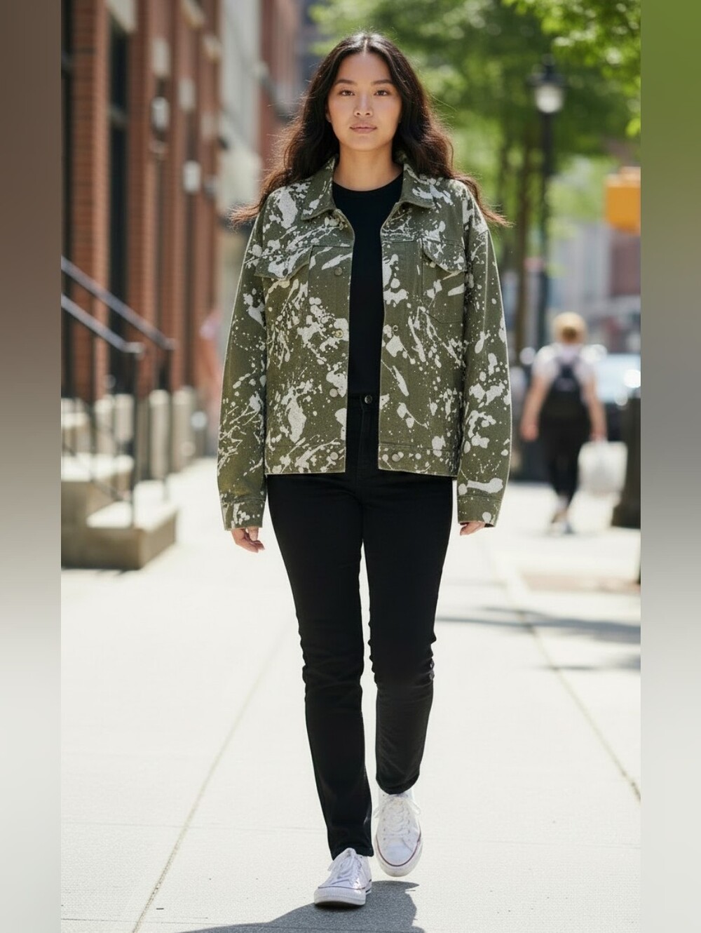 Missguided Olive and White Oversized Paint Splatter Utility Jacket NWT Size 6
